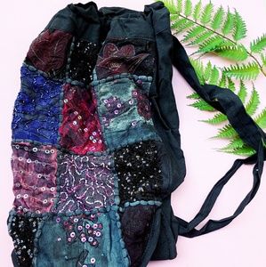 Black beaded patchwork boho bucket backpack
